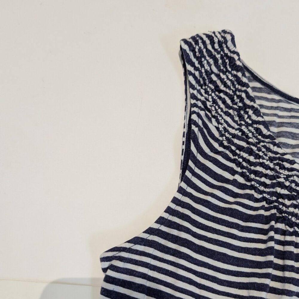 Ann Taylor Loft blue & white stripped sleeveless shirt with smocked neckline, - Picture 4 of 11